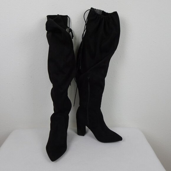 JustFab Aubriana Boots Over The Knee Heeled Suede Women's Size 8 Black Vegan - Picture 3 of 13